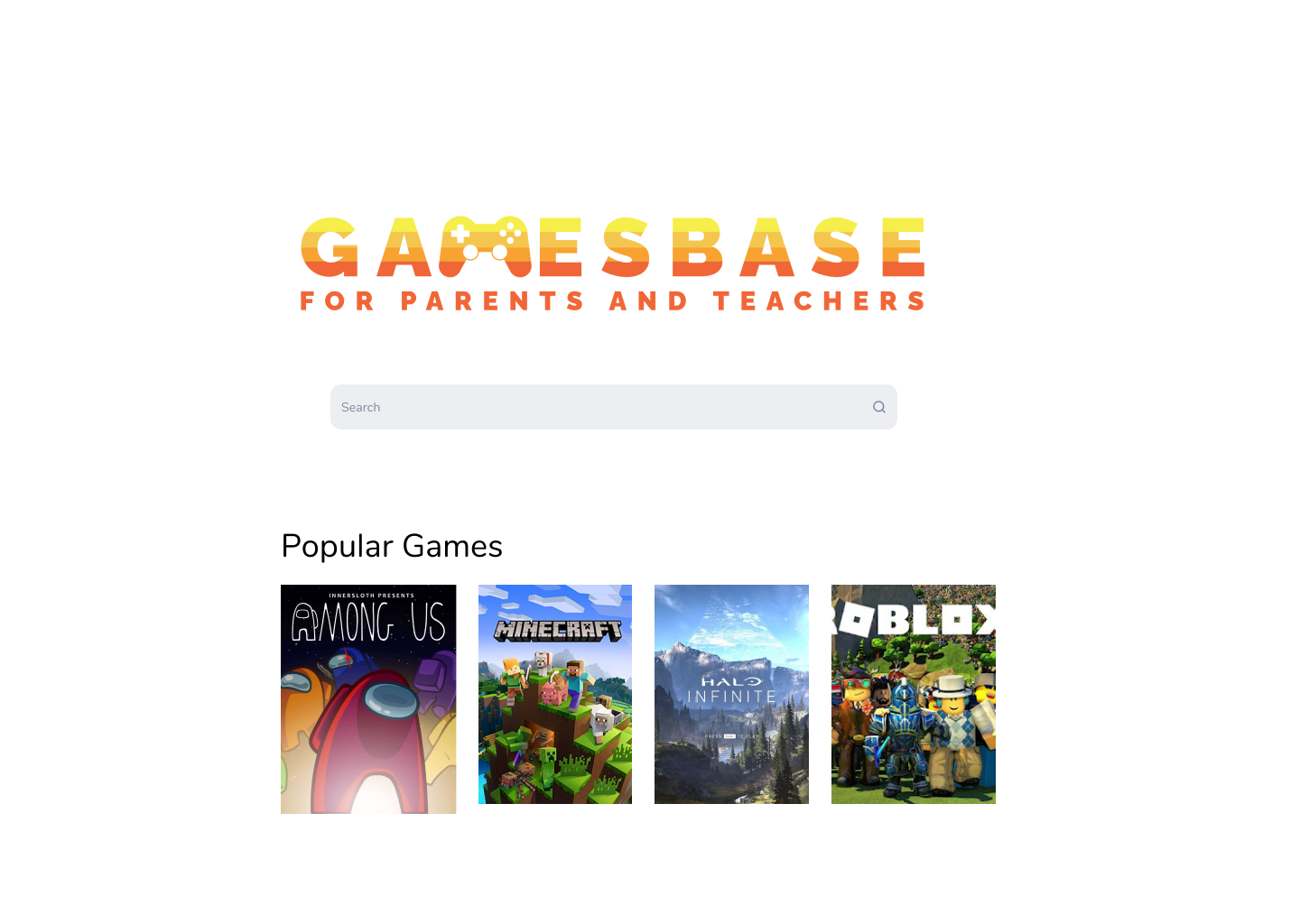 Gamesbase landing page with search and popular games